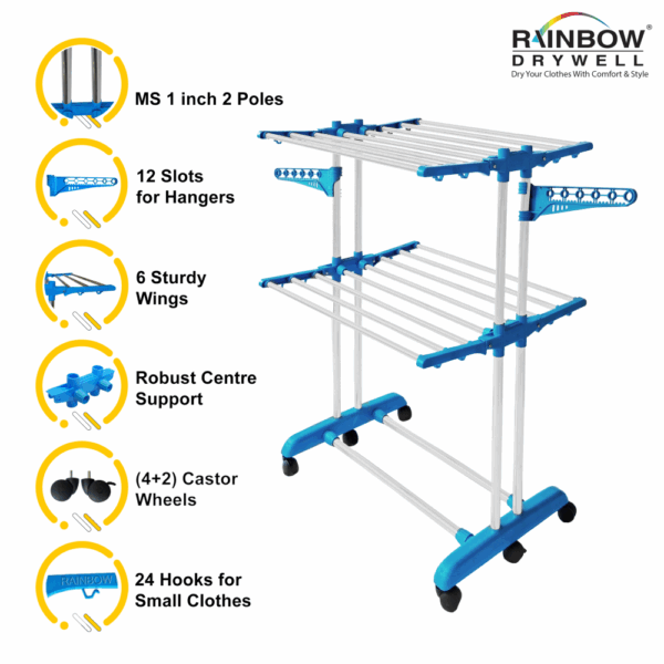 Rainbow Drywell Heavy Duty 2 Pole 2 Layer Stainless Steel Foldable Cloth Drying Stand, Rust-Free Clothes Dryer/Cloth Stand/Clothes Hanger