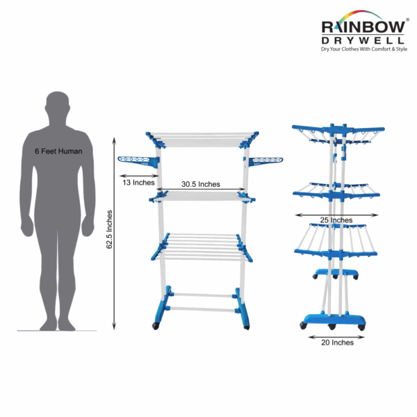 Rainbow Drywell Heavy Duty 2 Pole 3 Layer Stainless Steel Foldable Cloth Drying Stand, Rust-Free Clothes Dryer/Cloth Stand/Clothes Hanger