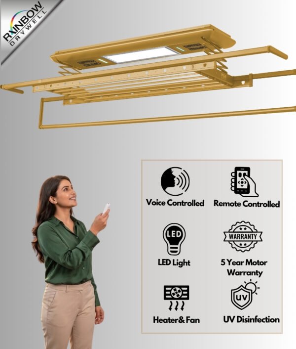 IntelliNova Dry - Long Line Superior Function Intelligent Electric Cloth dryer with LED, UV, FAN, Heater, Voice and Remote Control Operation (Gold)