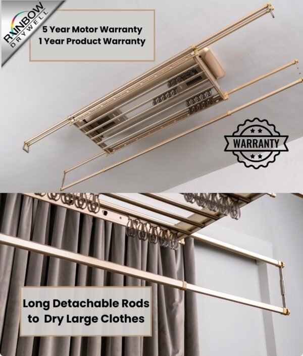 IntelliNova Dry - Long Line Superior Function Intelligent Electric Cloth dryer with LED, UV, FAN, Heater, Voice and Remote Control Operation (Gold)